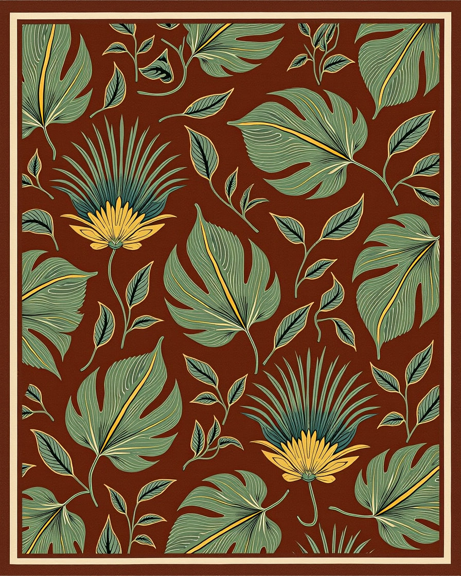 Green Leafy Floral Pattern With Yellow Accents Rug