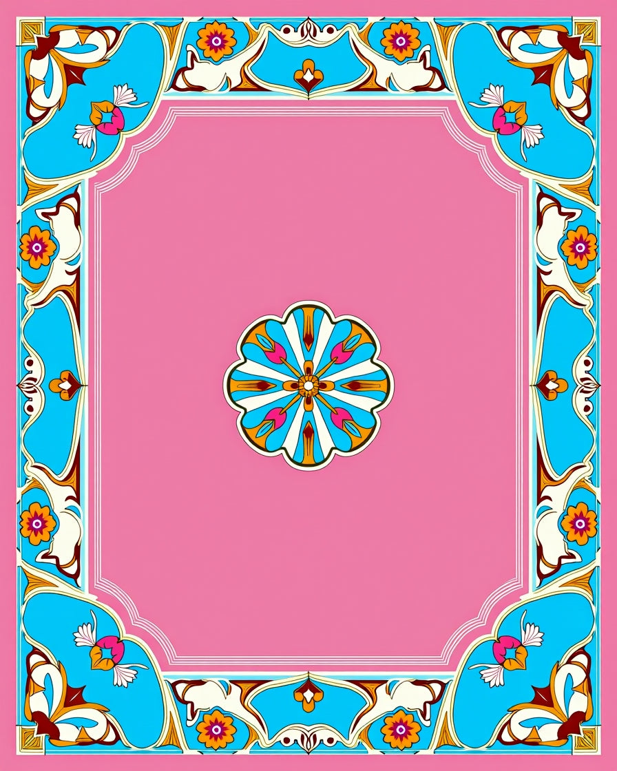 Vibrant Floral Scrollwork Border Design Rug