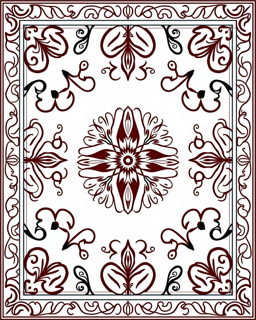Maroon Black Floral Symmetry Rug