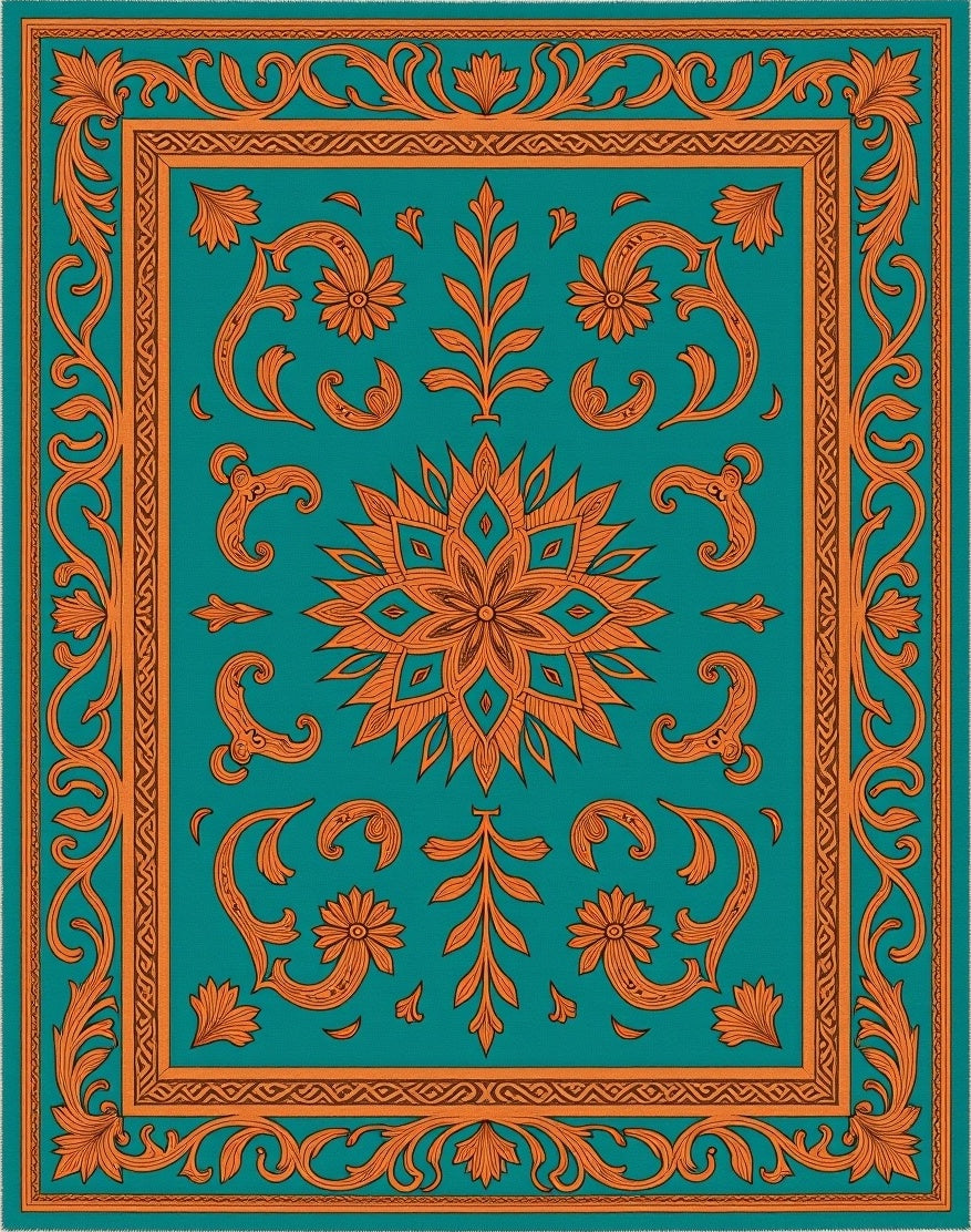 Ornate Teal Orange Floral Pattern Rug