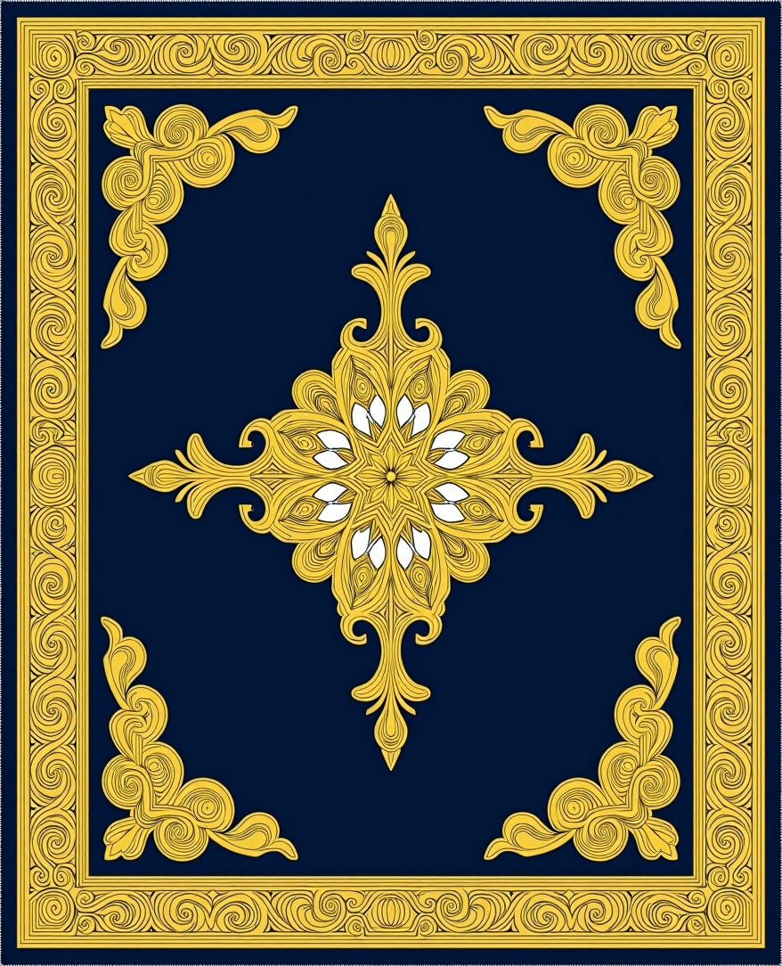 Ornate Golden Medallion Border Design Rug
