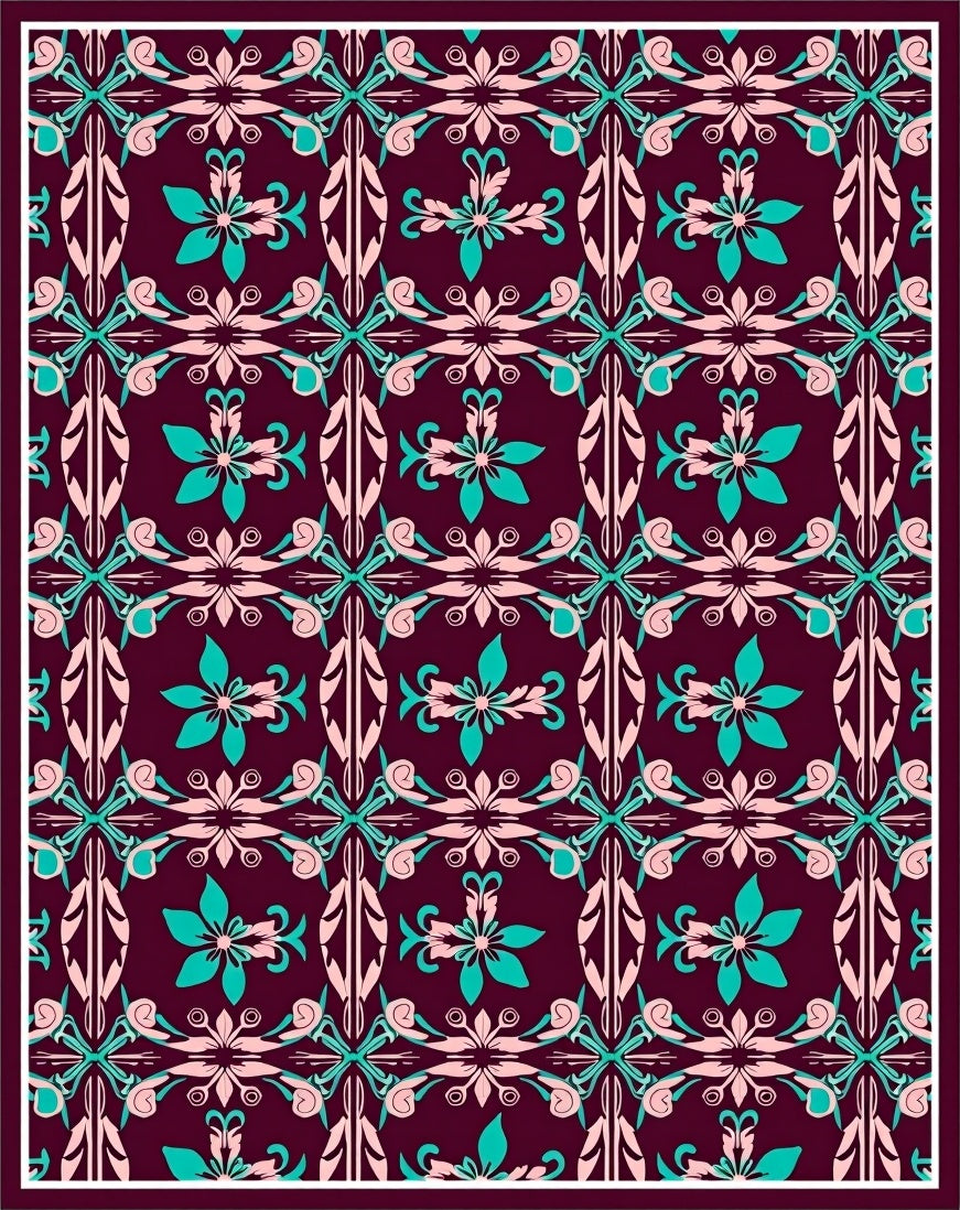 Regal Teal Pink Floral Scroll Rug