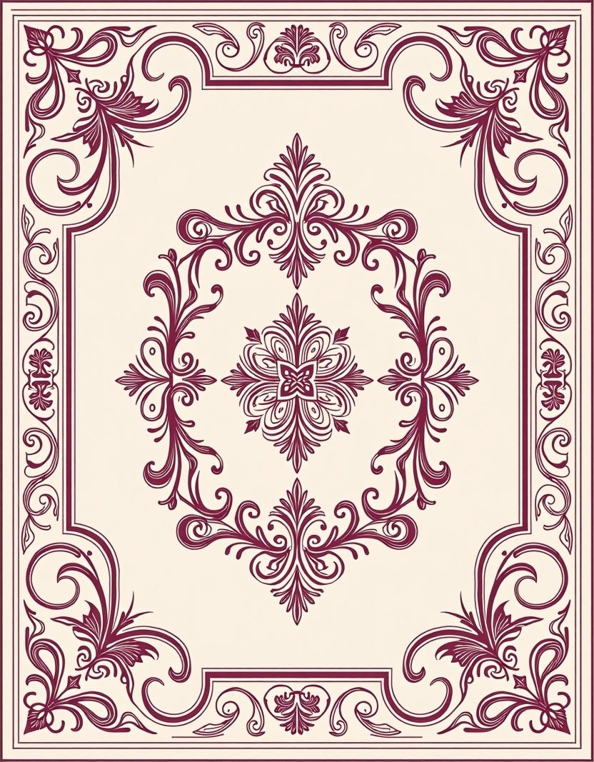 Ornate Maroon Floral Scrollwork Design Rug