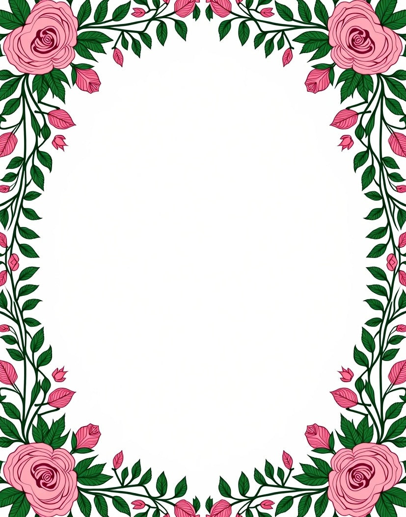 Pink Rose Vine Floral Border Rug
