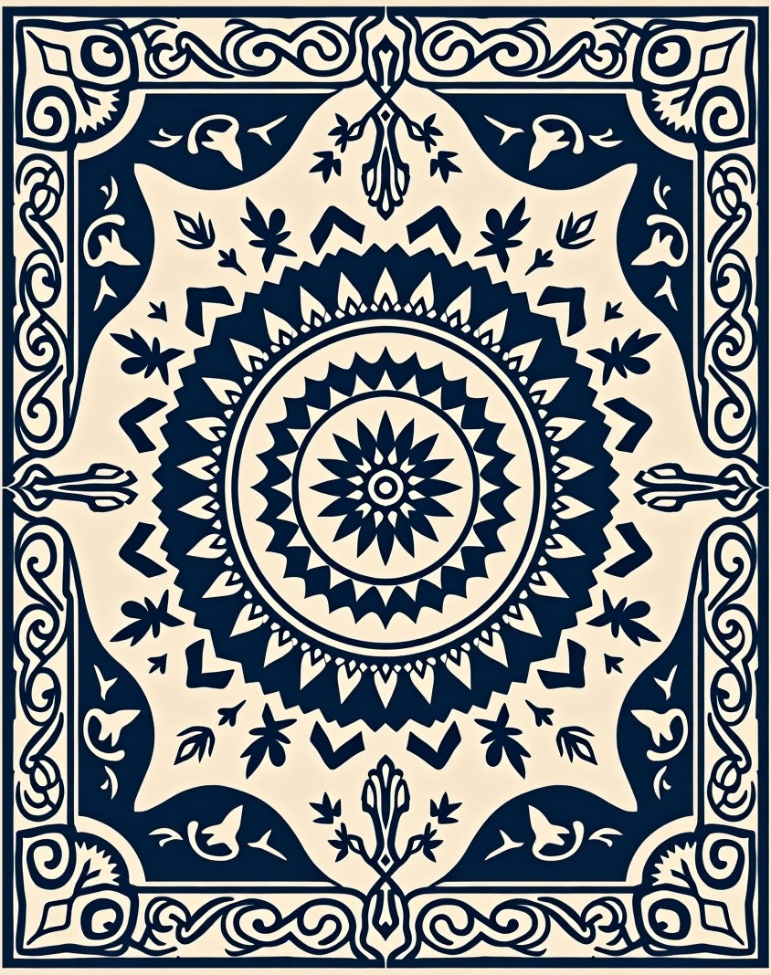 Classic Dark Blue Sunburst Mandala Rug
