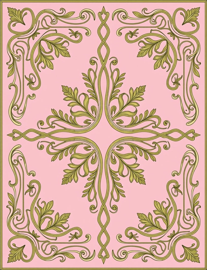 Elegant Green Leaf Scrollwork Pattern Rug