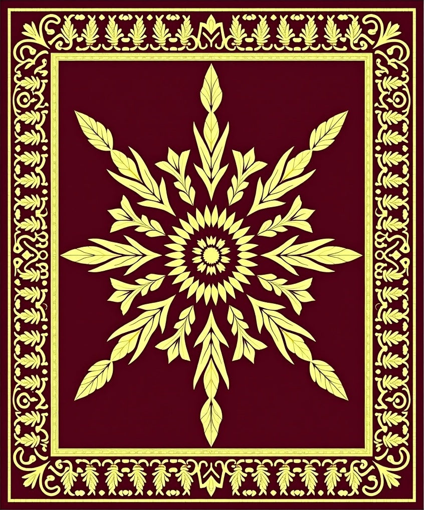 Maroon Golden Starburst Floral Border Rug