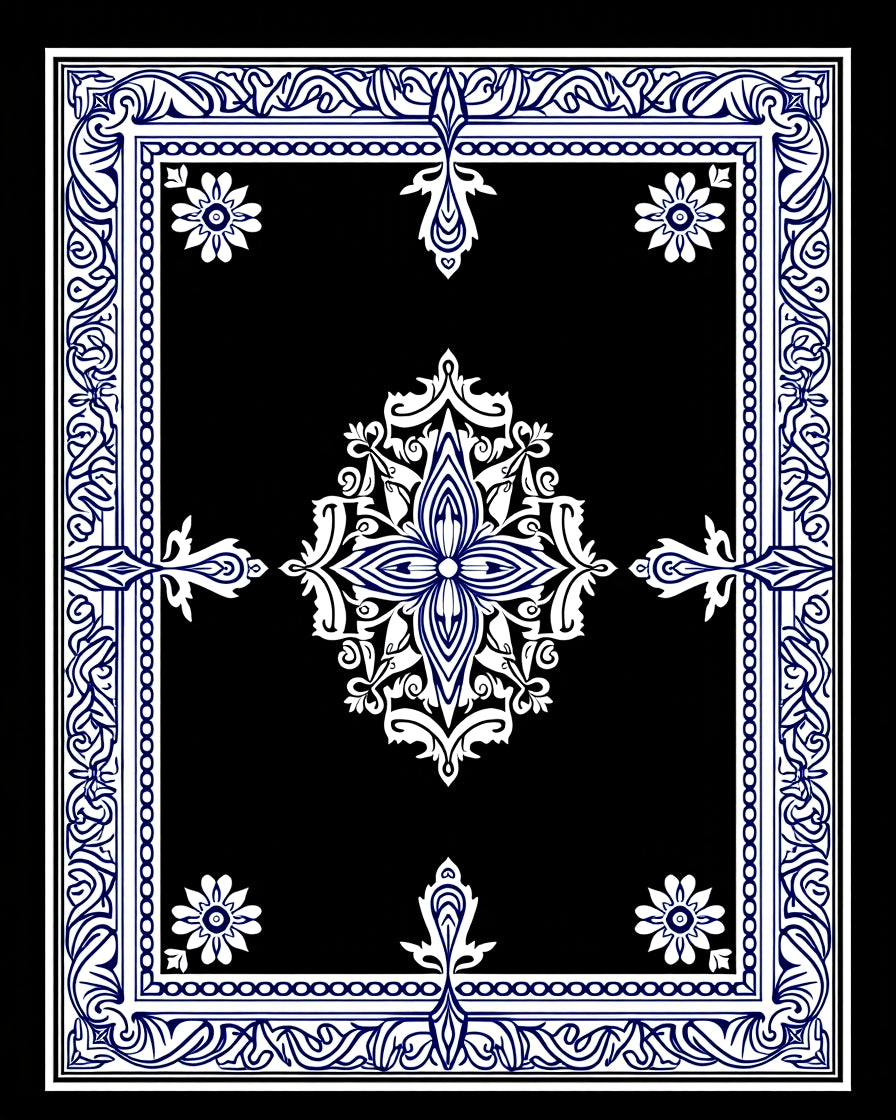 Ornate Blue White Scroll Pattern Rug
