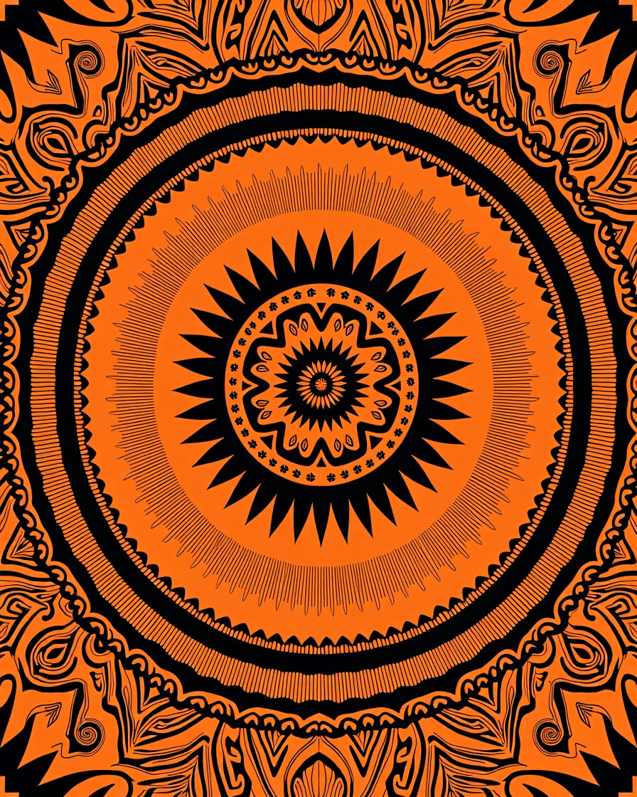 Vibrant Orange Black Mandala Pattern Rug