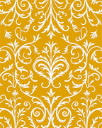 White Scrollwork On Golden Yellow Fabric Rug