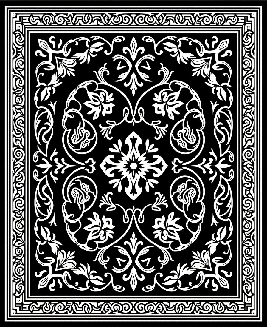 Classic Black White Floral Damask Design Rug