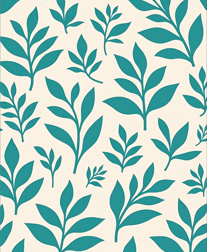 Teal Leaf Pattern On Cream Background Rug