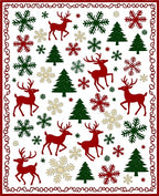 Festive Red Green Deer Snowflakes Trees Border Rug
