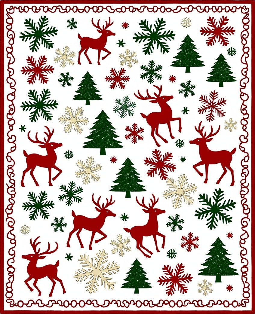 Festive Red Green Deer Snowflakes Trees Border Rug
