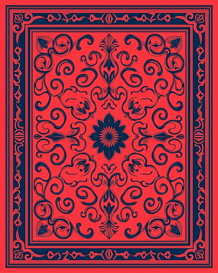 Red Blue Floral Scroll Rug