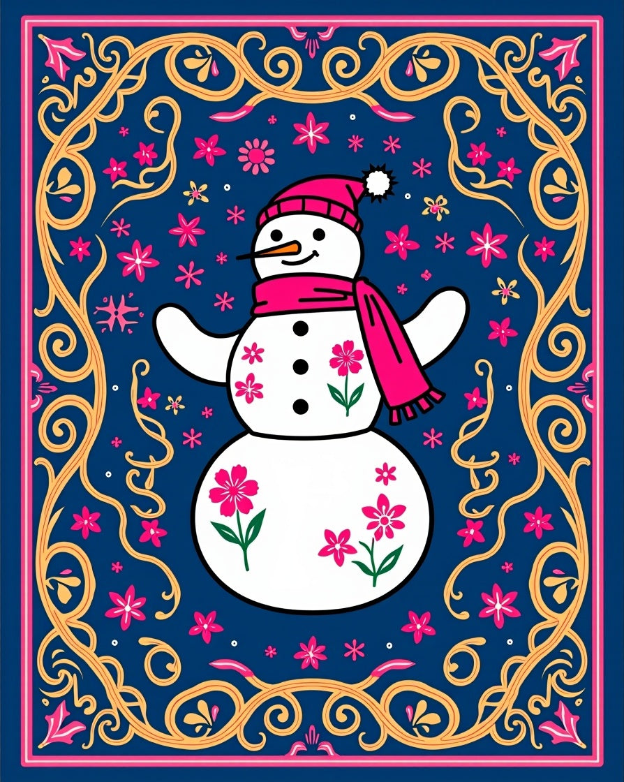 Whimsical Snowman Pink Floral Border Rug