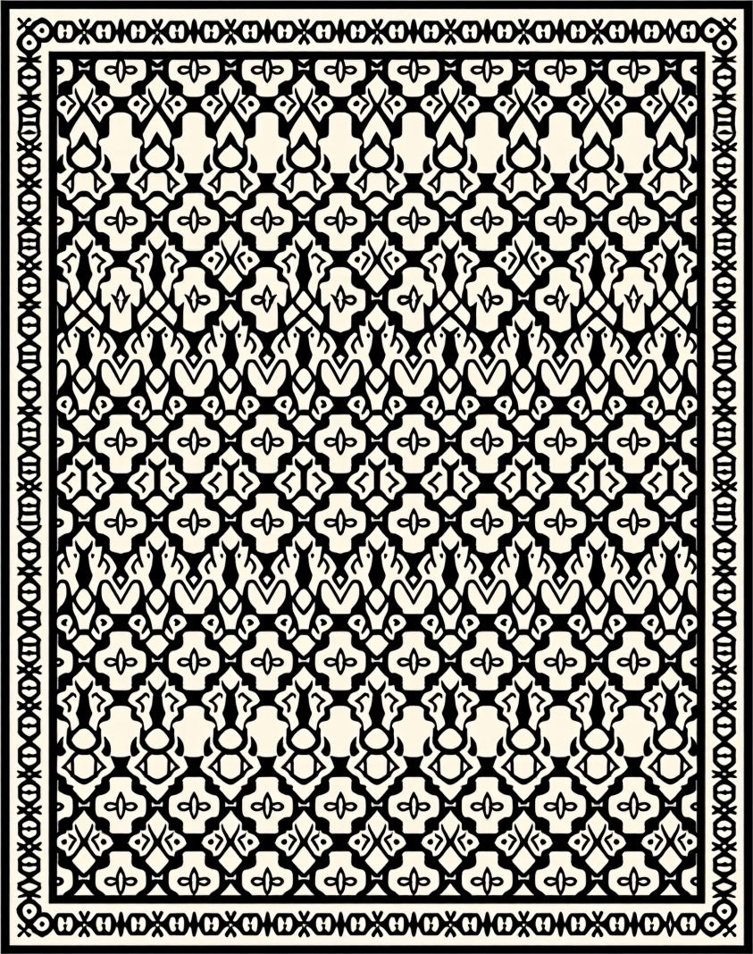 Ornamental Black White Geometric Style Rug