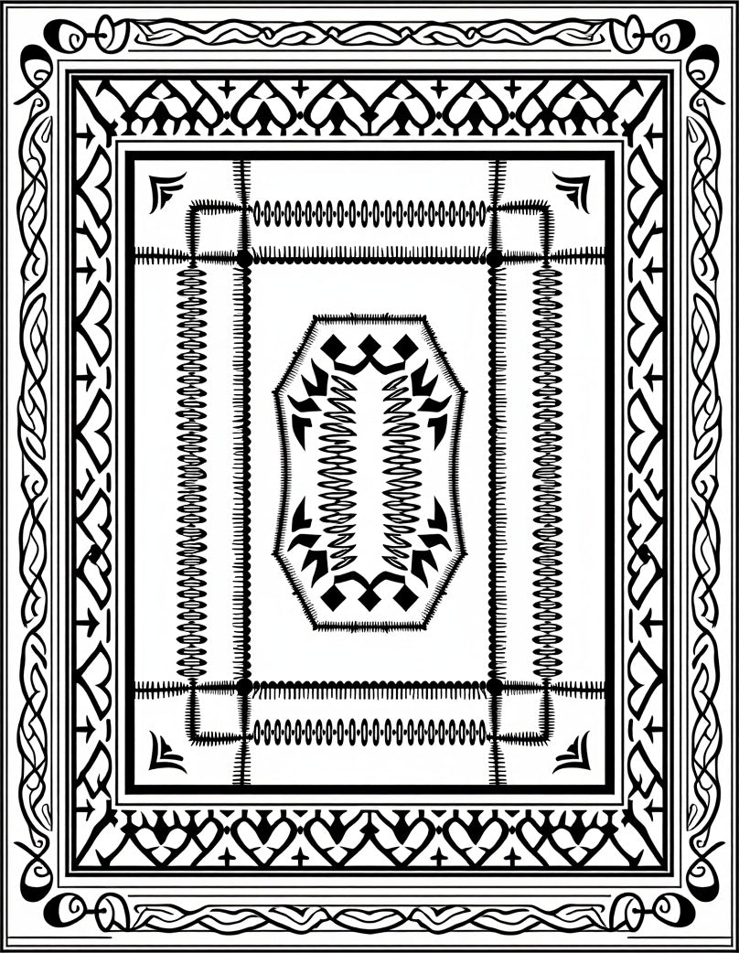 Intricate Black White Geometric Pattern Rug