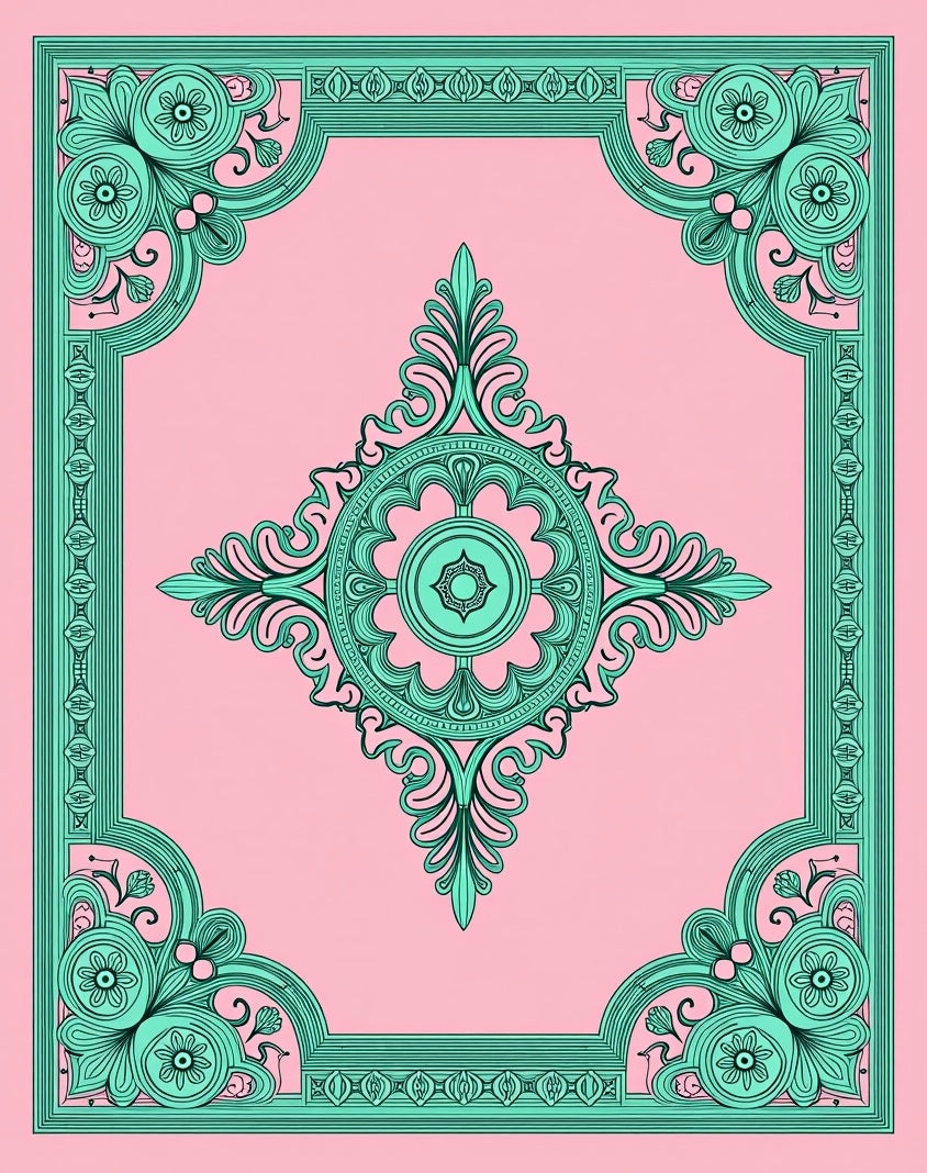 Fancy Teal Floral Frame Design Rug