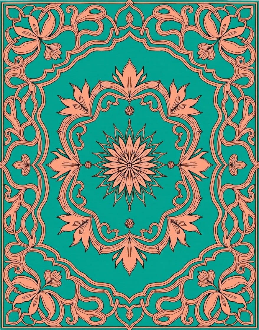 Ornate Teal Coral Floral Scroll Design Rug