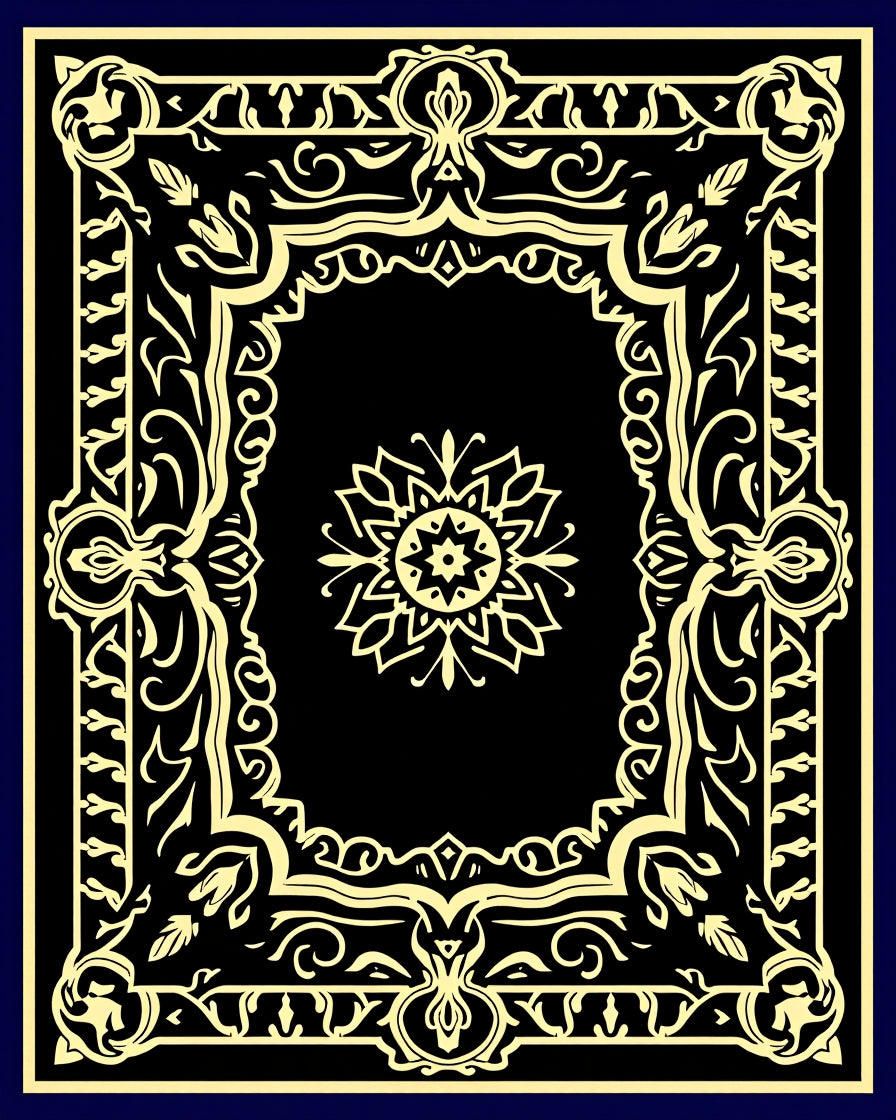 Elegant Black Gold Floral Frame Rug