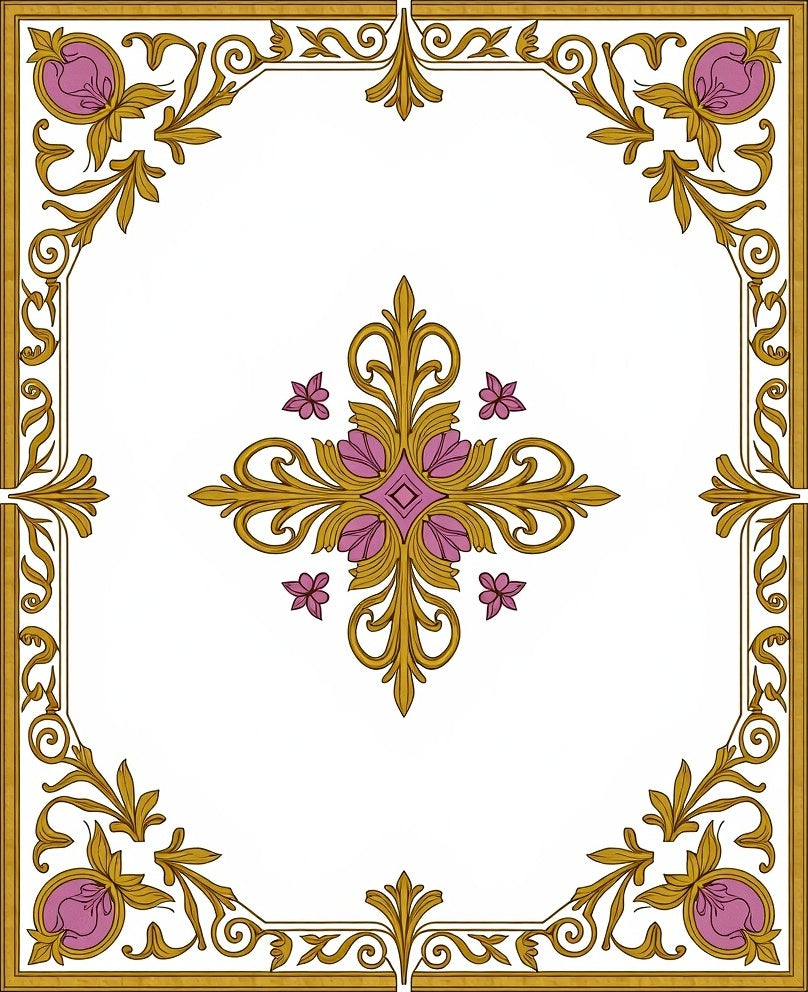 Ornate Floral Golden Scroll Pattern Rug