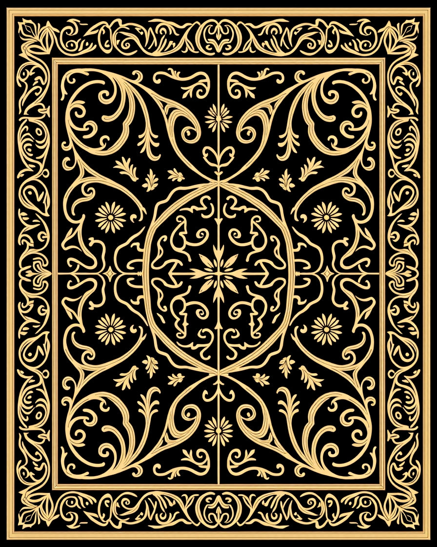 Ornate Gold Floral Patterned Rug