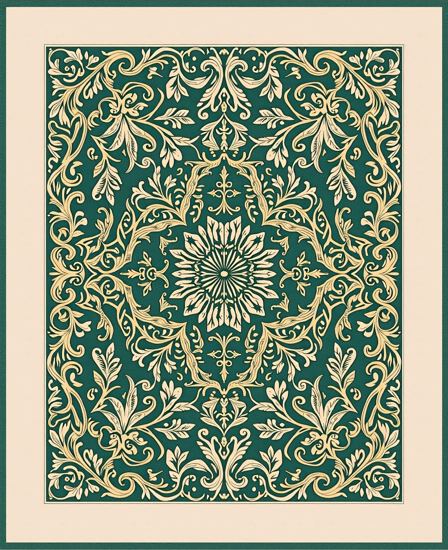 Intricate Floral Scrollwork Green Gold Rug