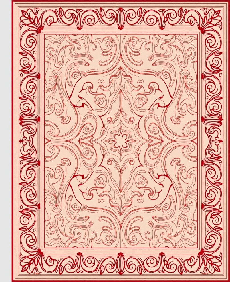 Ornate Red Beige Floral Scroll Rug