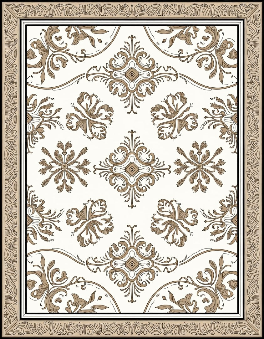Elegant Neutral Floral Scroll Pattern Rug