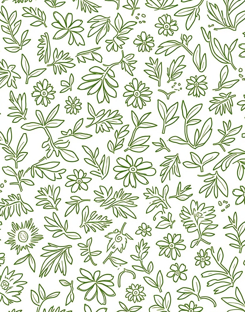 Green Leaf Flower Sketch Pattern Rug