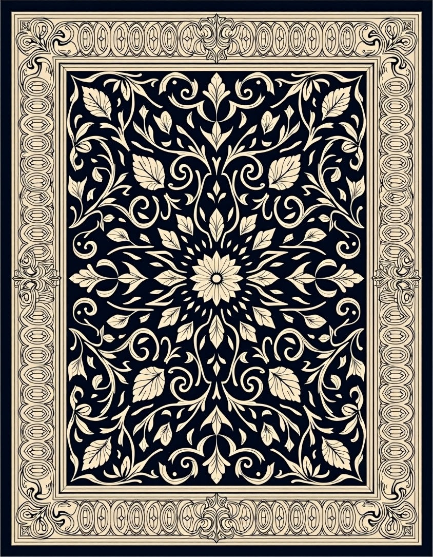 Black Ivory Floral Scrollwork Vintage Design Rug