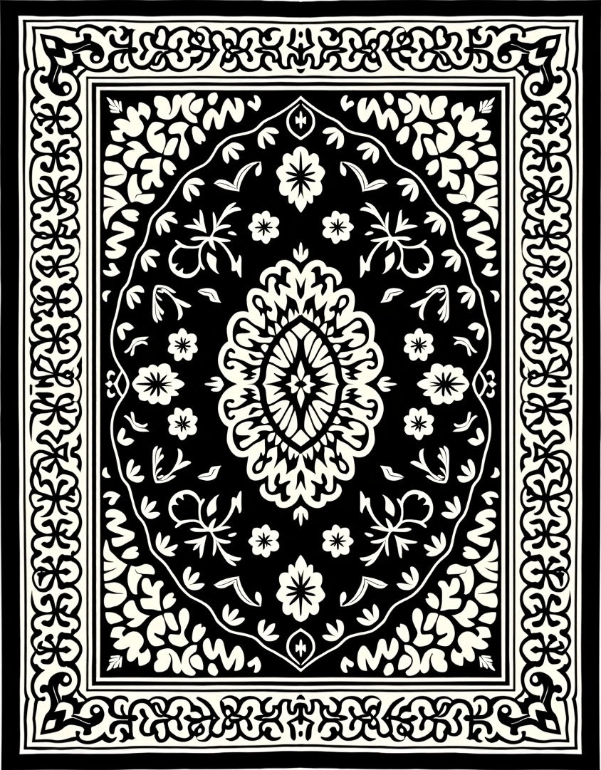 Classic Black White Floral Medallion Rug