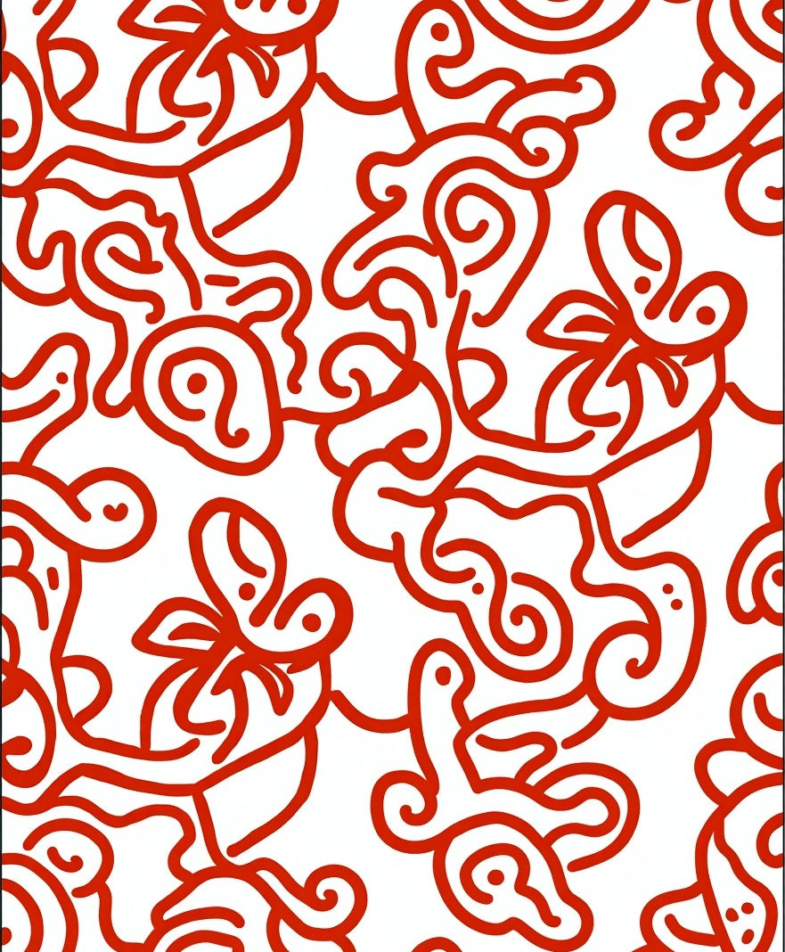 Whimsical Red Line Art Abstract Rug