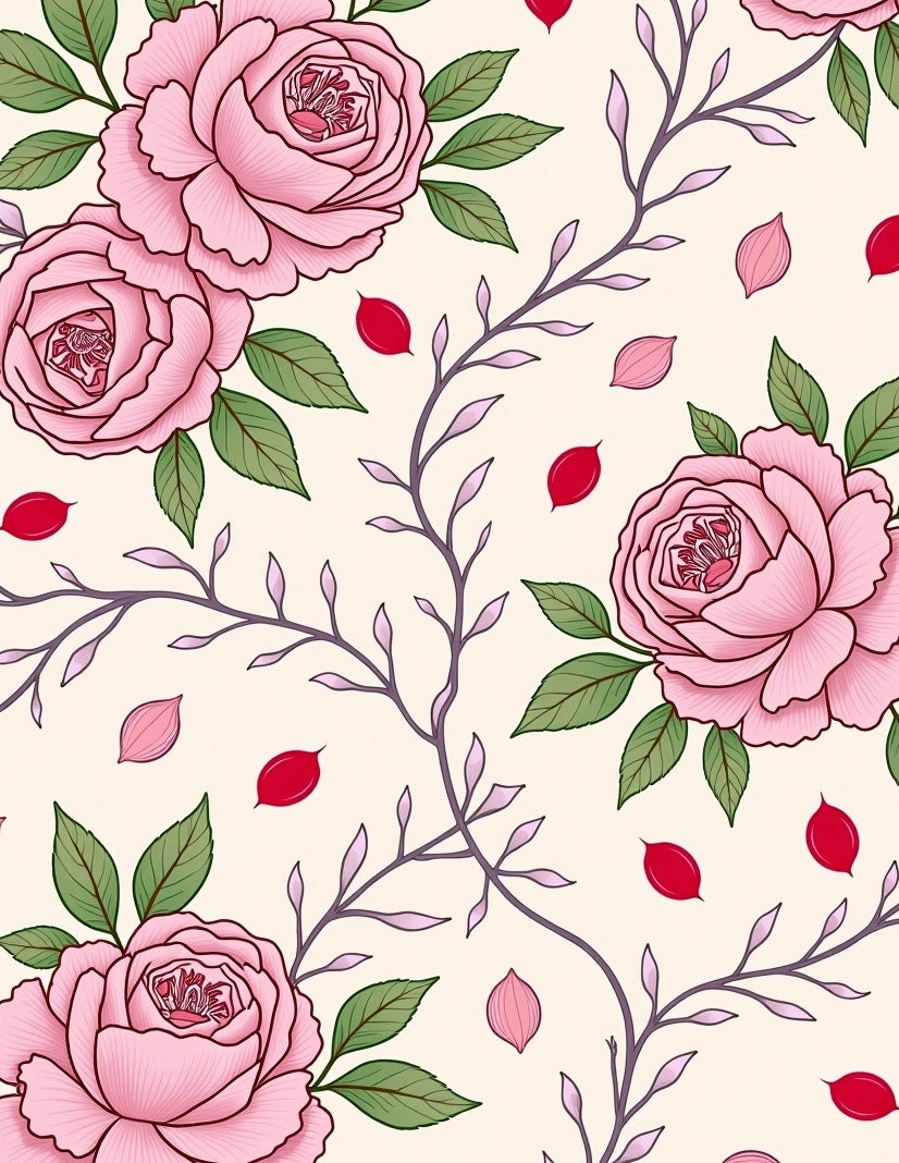 Pink Roses With Green Leaves Pattern Rug