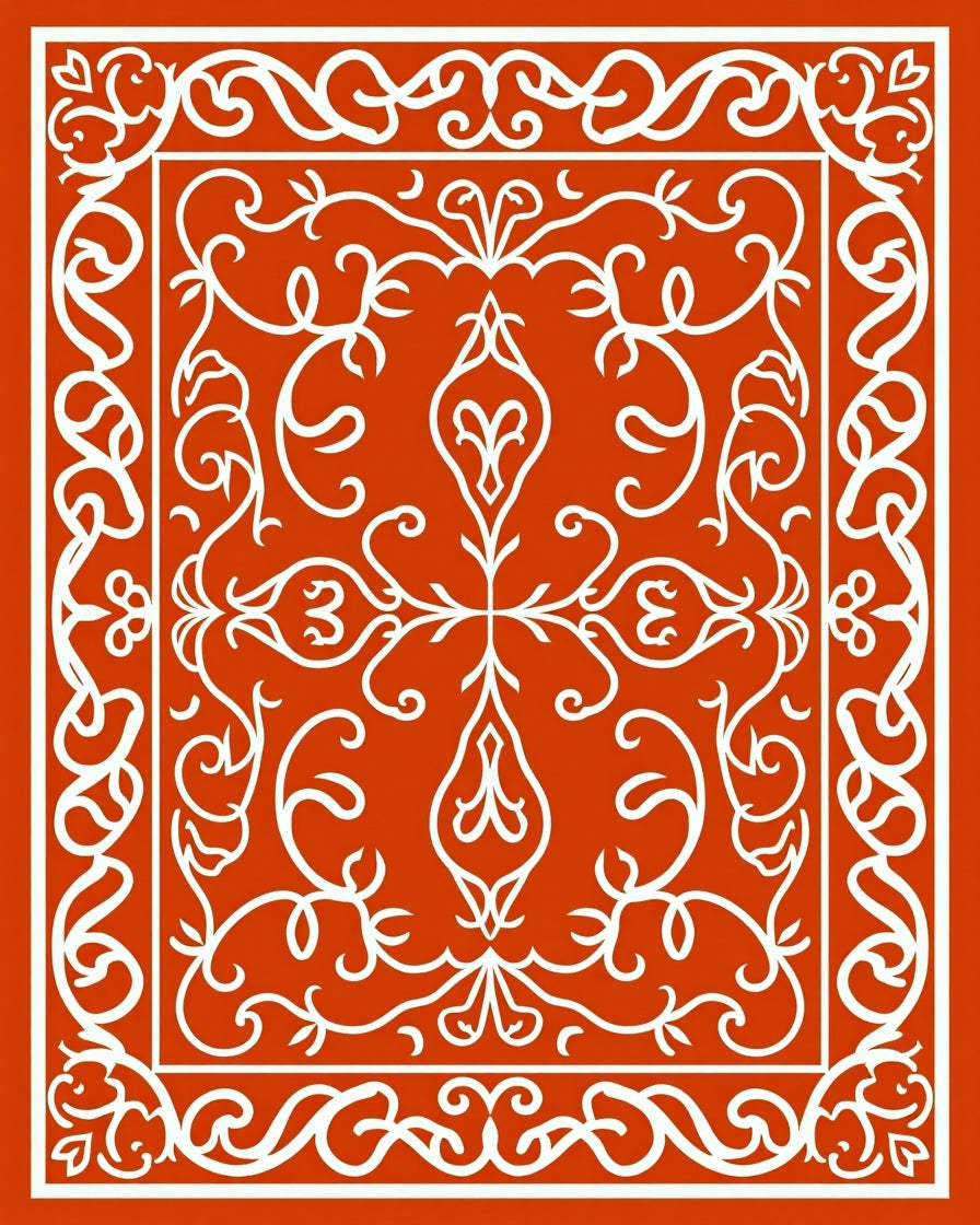 Elegant Red White Ornate Swirl Rug