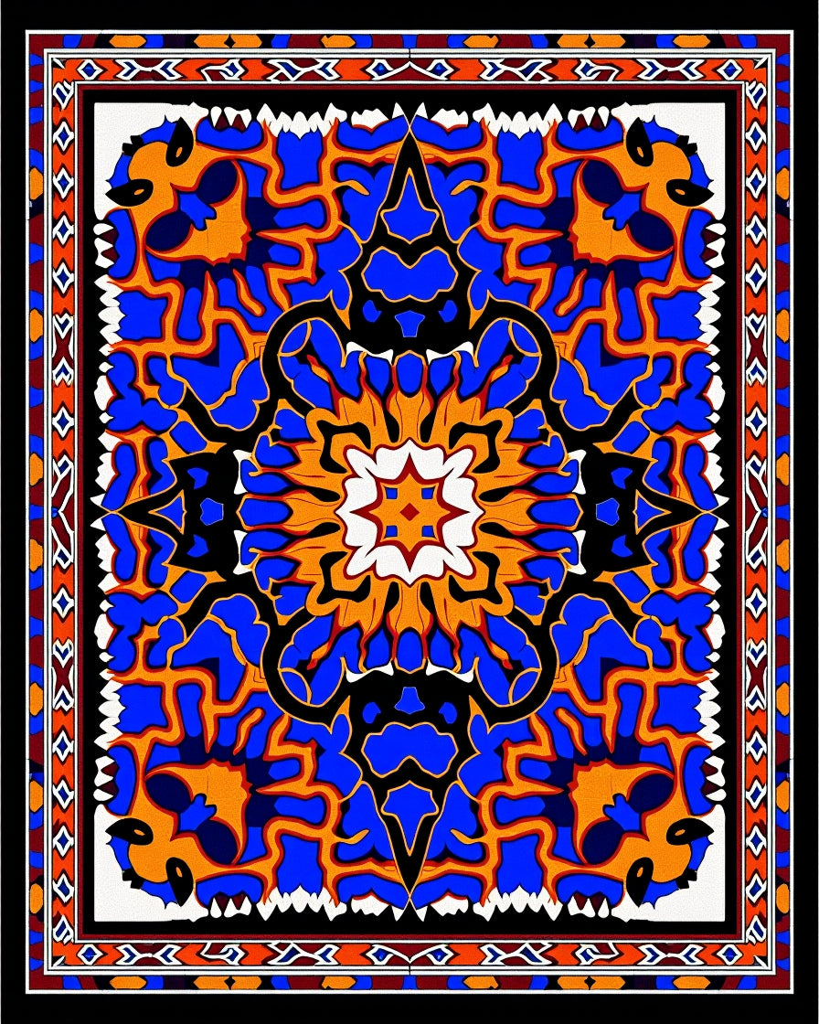 Bold Blue Orange Floral Medallion Rug
