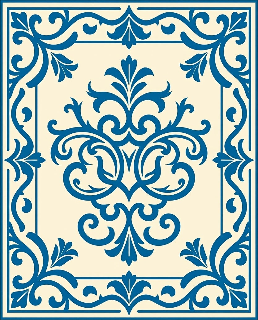 Classic Blue Floral Scroll Border Rug