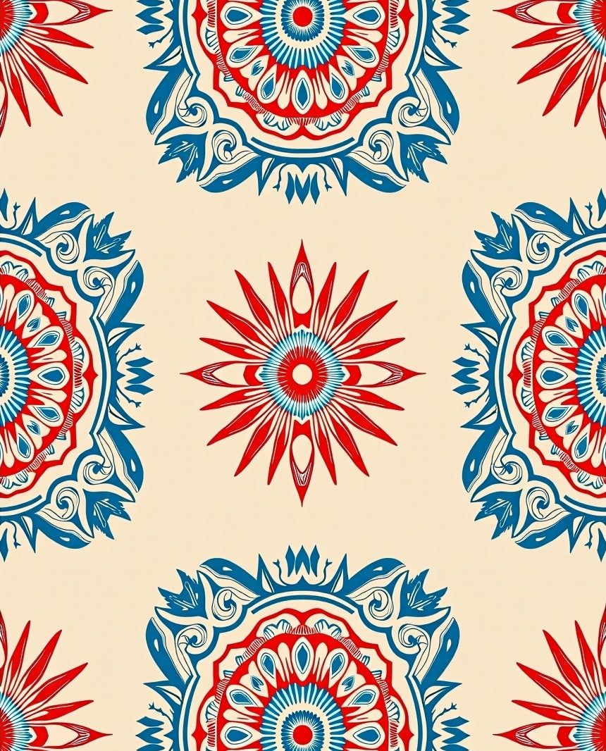 Red Blue Ornamental Mandala Pattern Rug