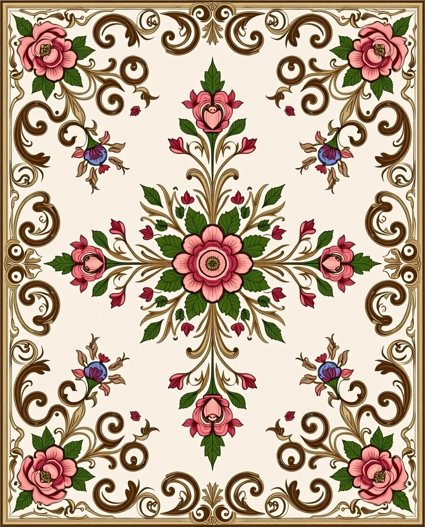 Floral Scrollwork Blossom Design Rug