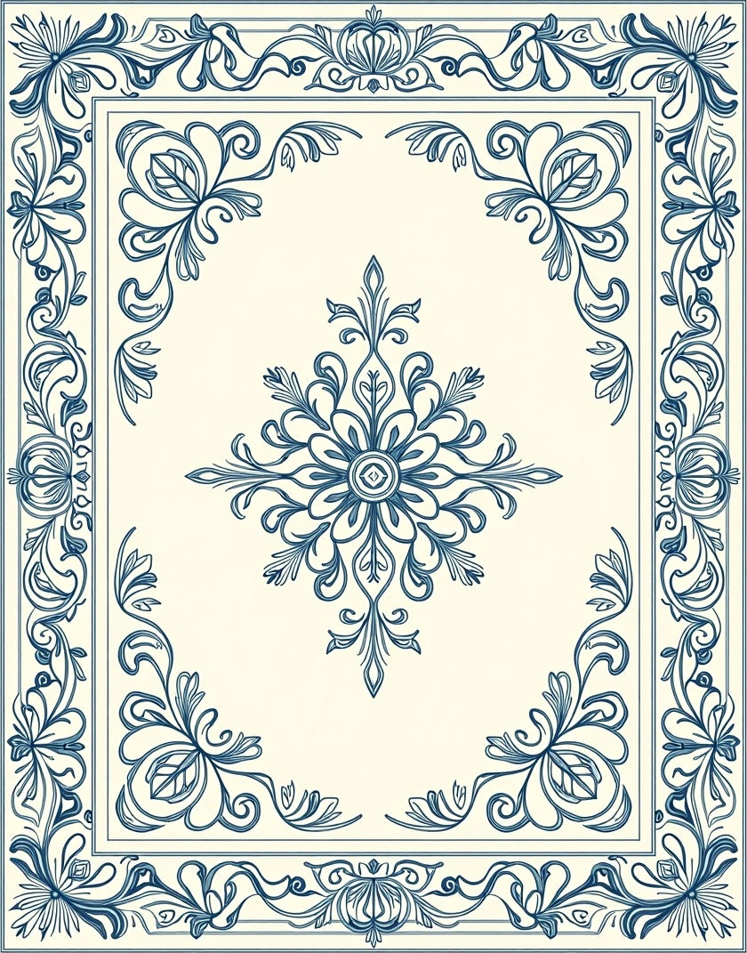 Ornate Blue Floral Border Design Rug
