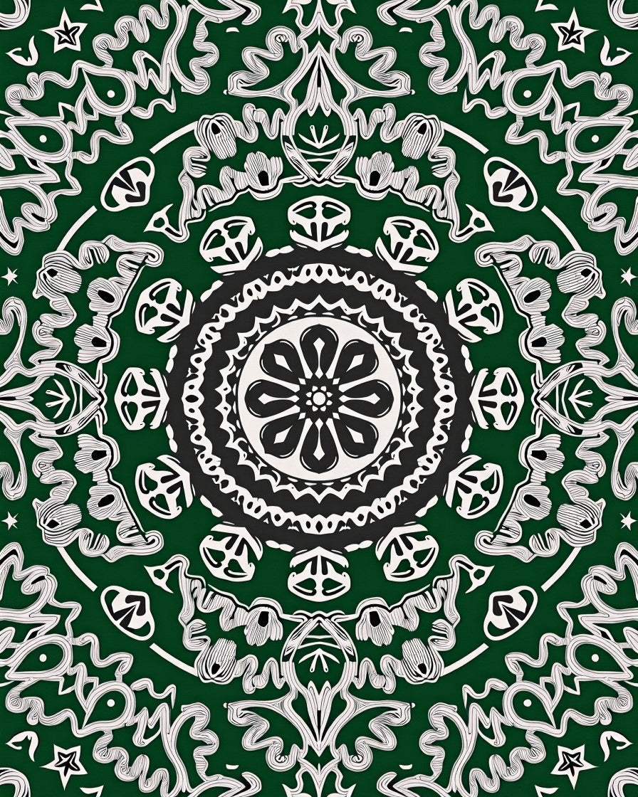 Intricate Mandala Green White Pattern Rug