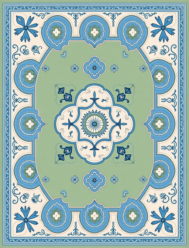 Ornate Floral Blue Cream Green Rug