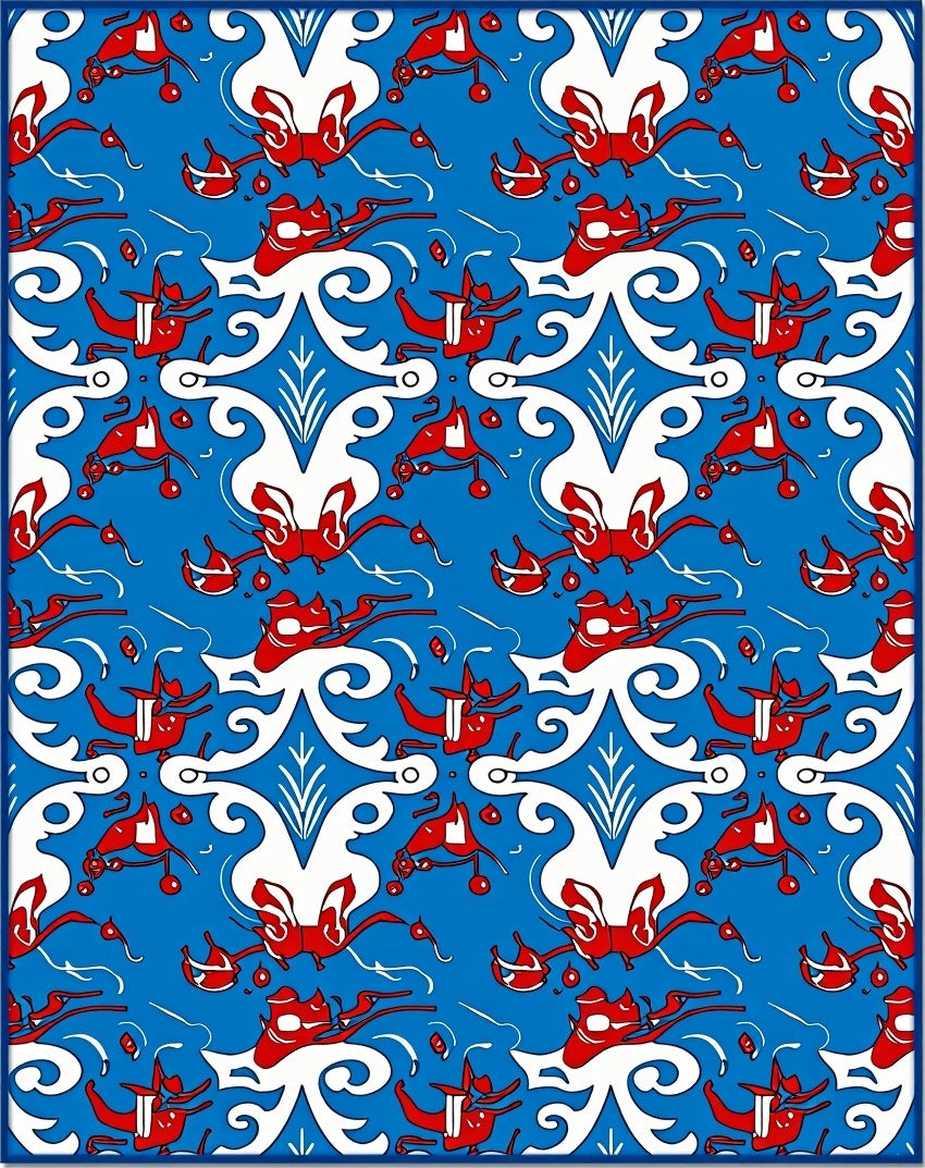 Vibrant Blue Red Swirling Rococo Rug
