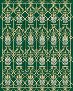 Green Gold Art Deco Floral Pattern Rug