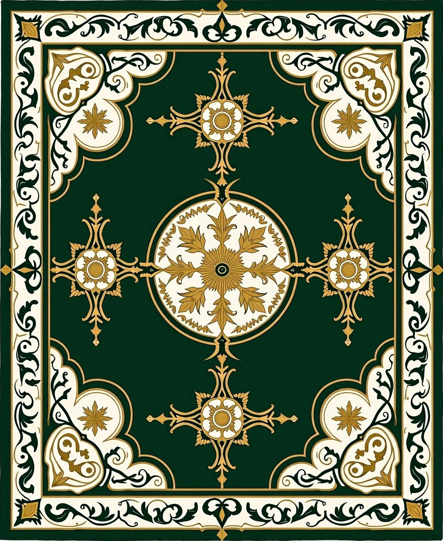 Ornate Floral Centerpiece Green Gold Rug