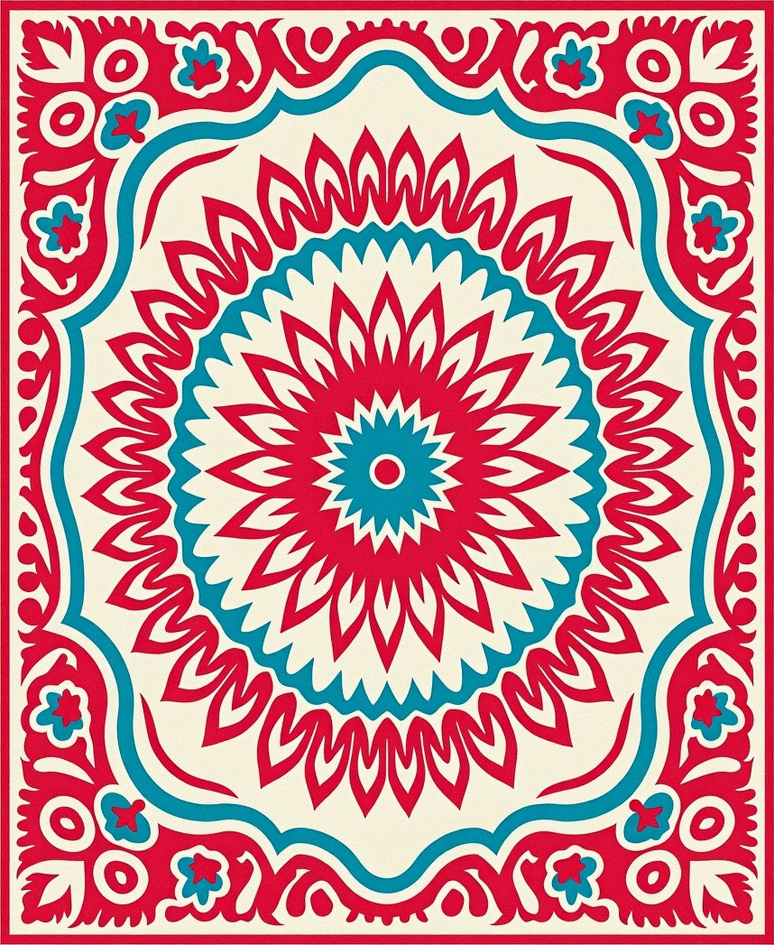 Bold Red Teal Geometric Mandala Design Rug