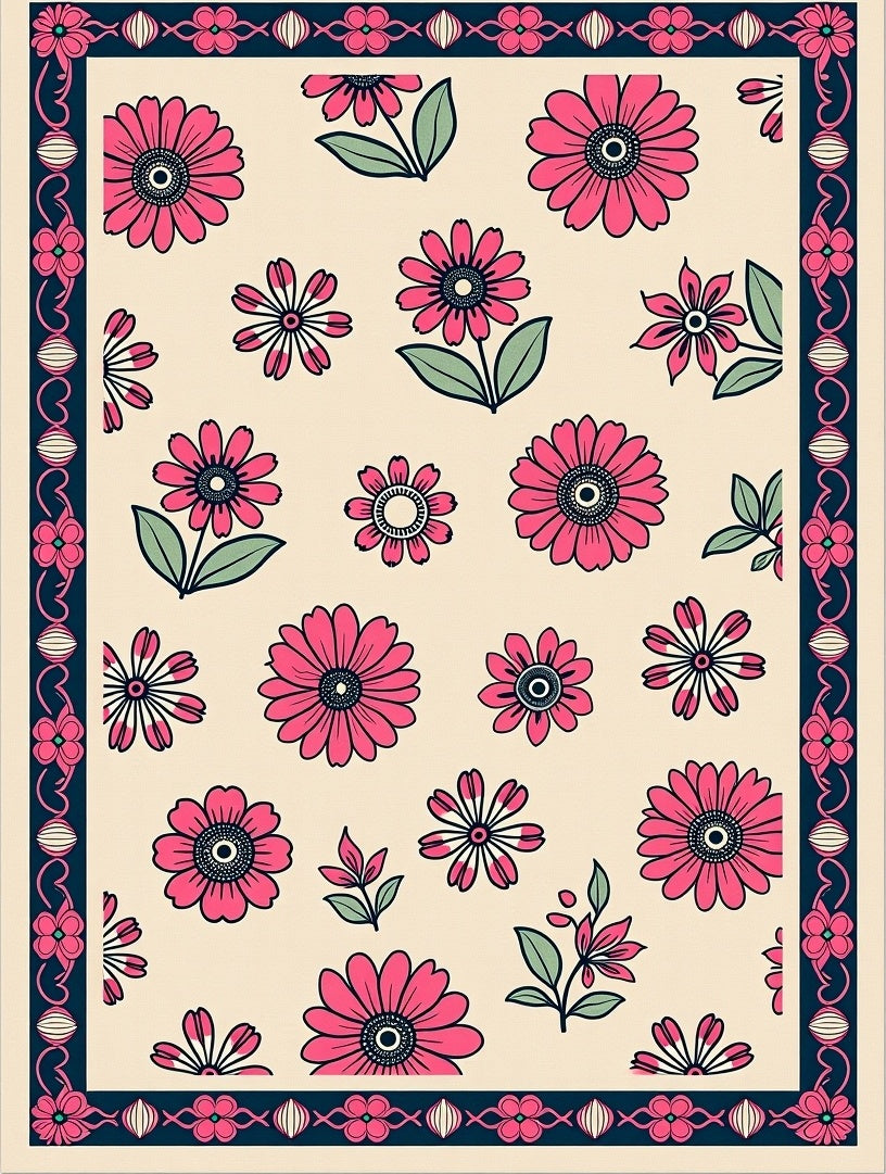 Floral Blossom With Dark Navy Border Rug