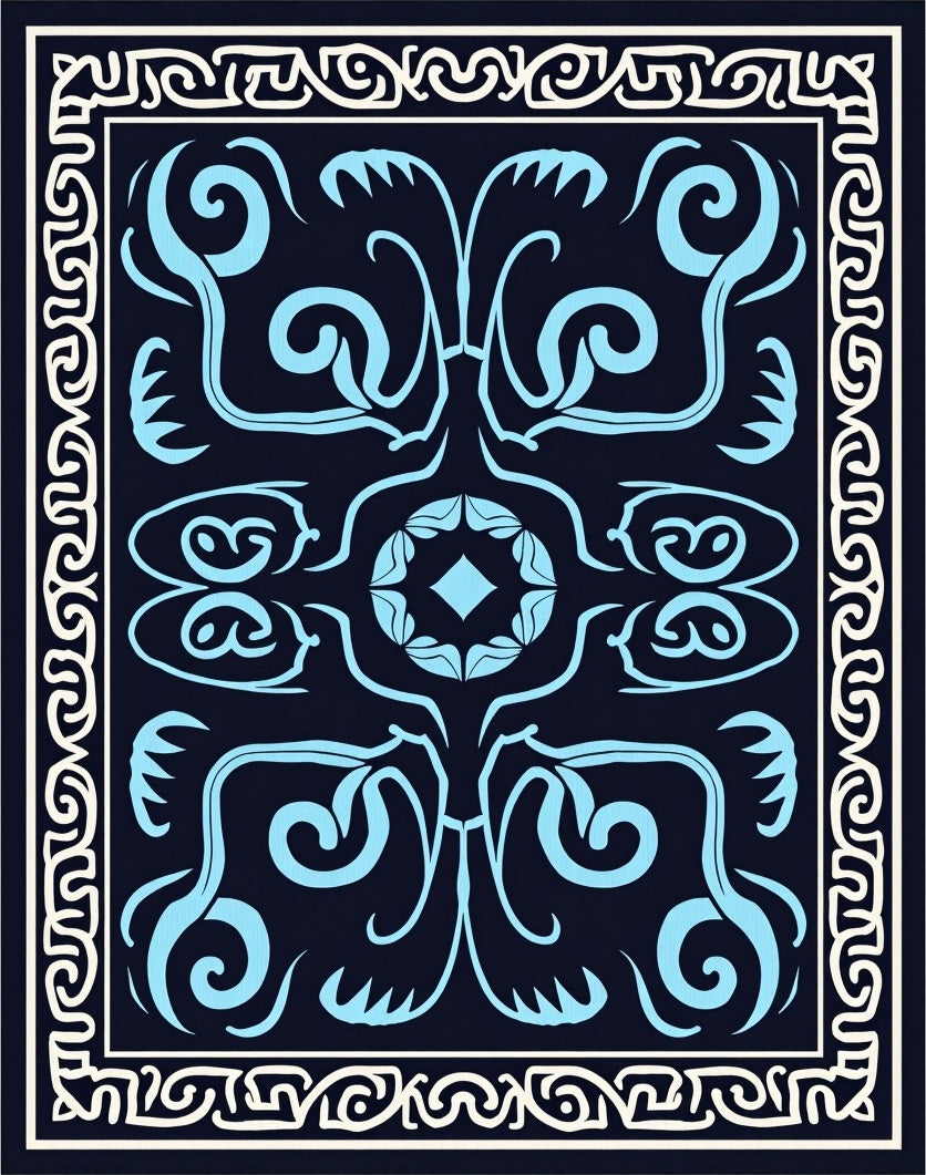 Antique Blue Floral Scroll Pattern Rug