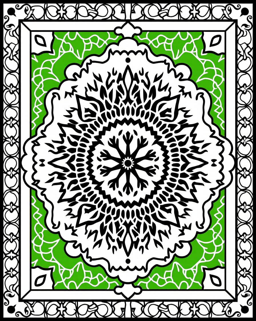 Black White Green Mandala Pattern Rug